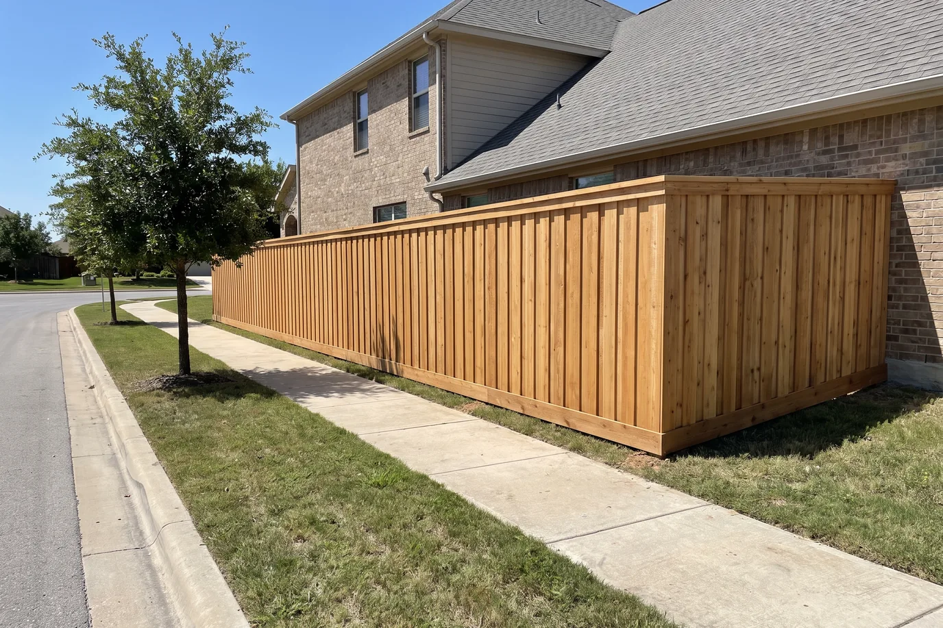 A new cedar privacy fence with a cap and trim along the side street of a tan brick corner-lot house