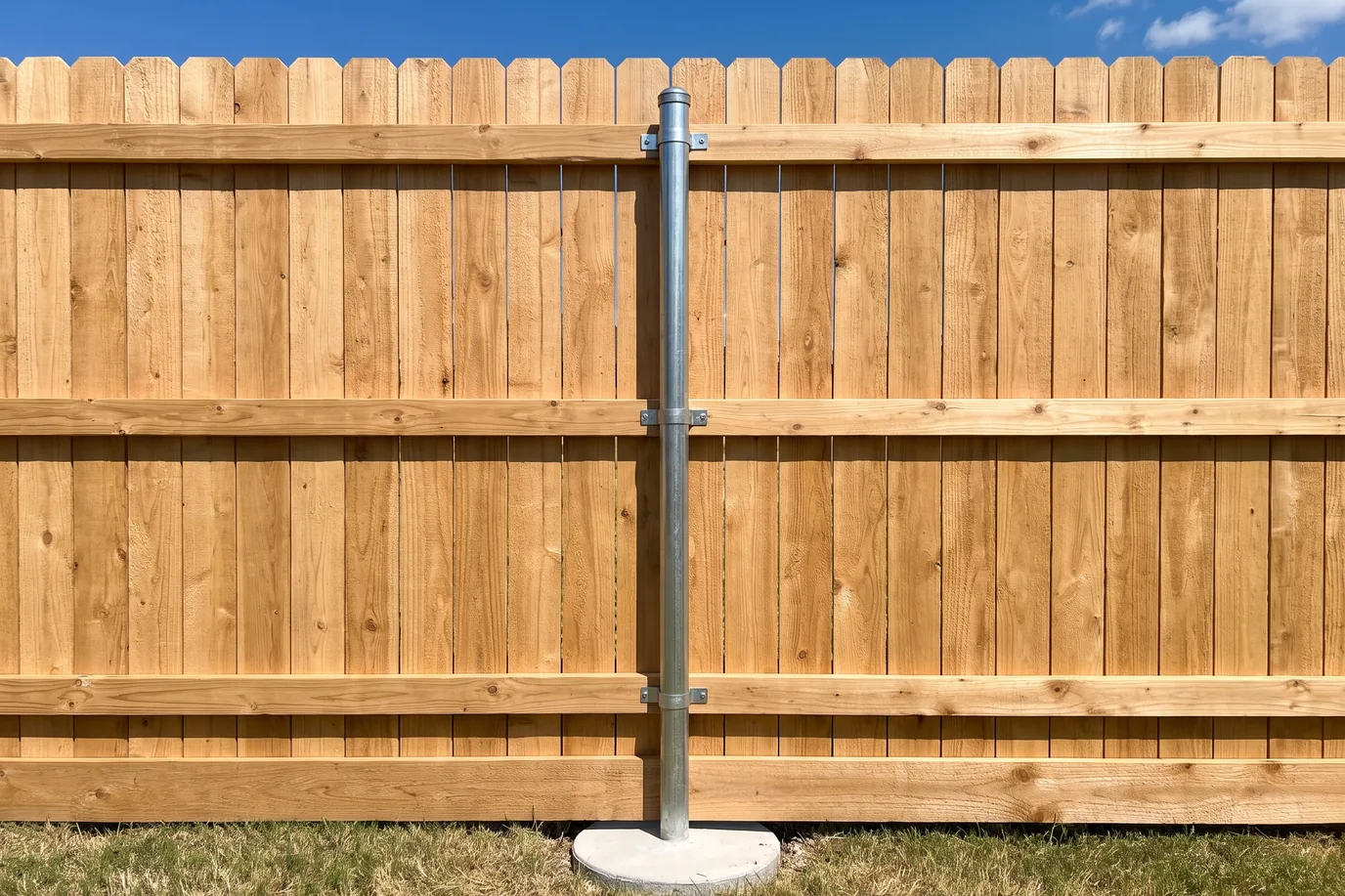 A galvanized steel fence post in a concrete footing, with brackets holding the cedar rails of a privacy fence